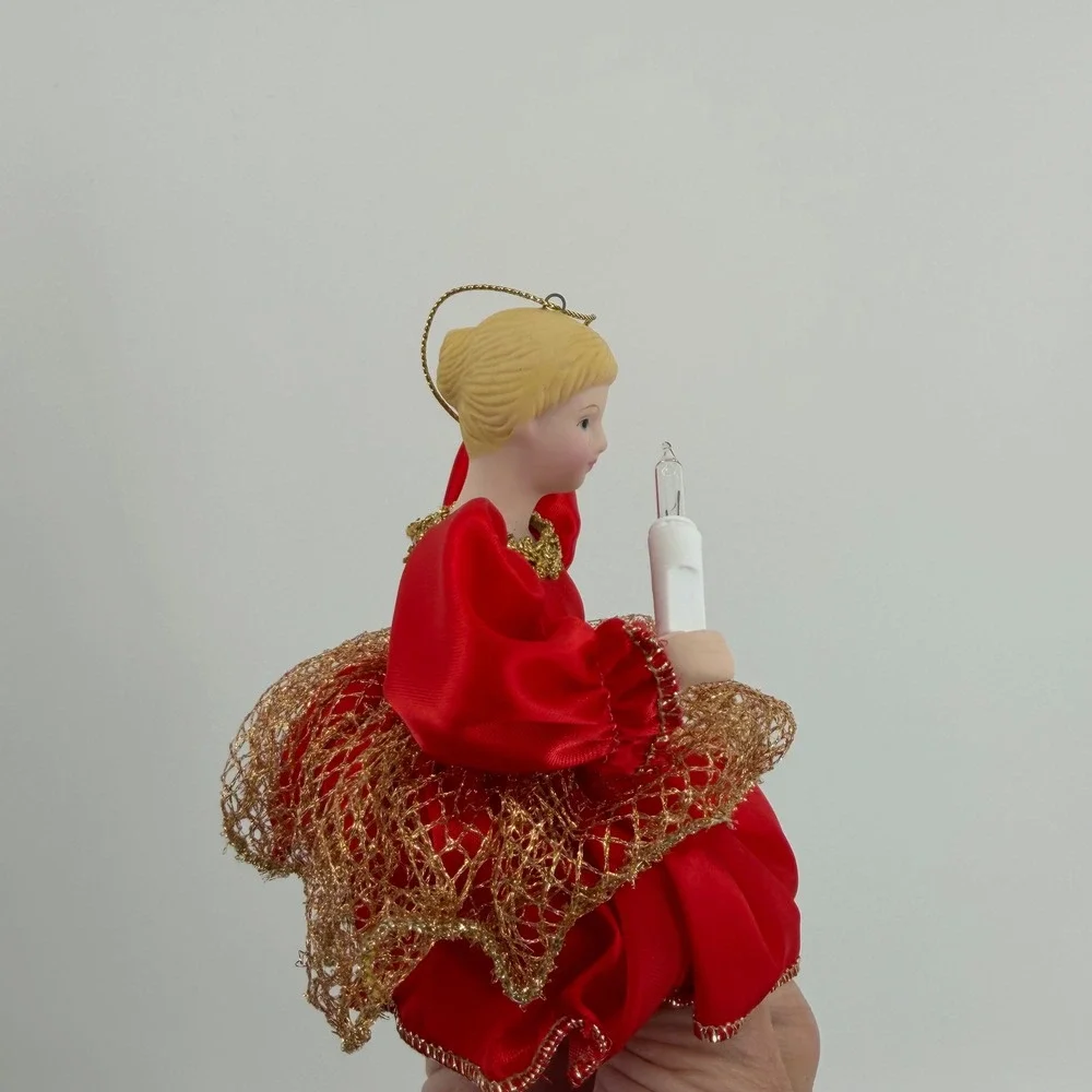 Vintage Ballerina Doll Christmas Ornament Red Gown Gold Trim Holding‎ Light